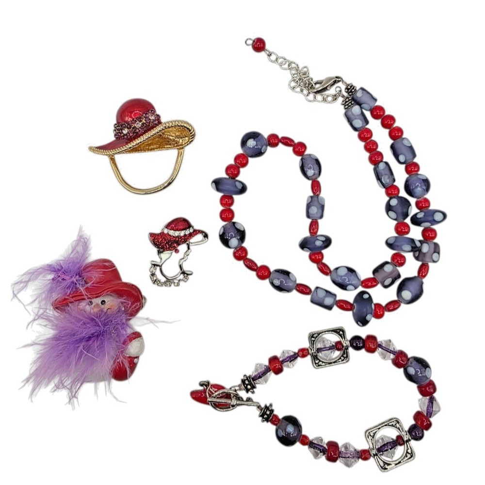 Red Hat Society Mixed jewelry Lot of 5 Brooch Pins x3 Glass Necklace *Bracelet*